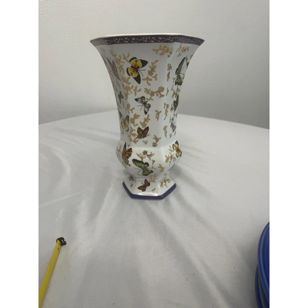 Formalities by Baum Bros Butterfly Floral Hexagon China Vase Blue Gold 10 Inch